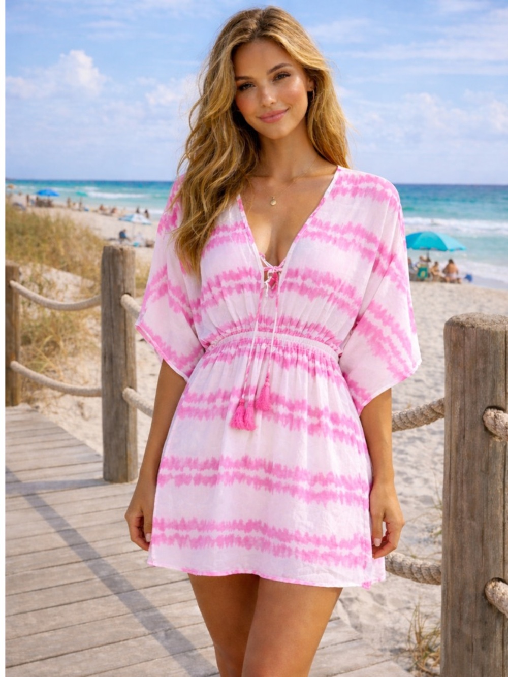 NWT Miken Swim Tie-Dye V-Neck Tunic Cover-Up Vacation Summer Resortwear Beach